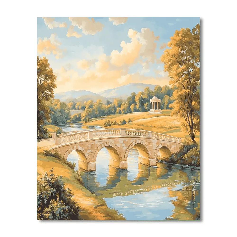 Raphael Inspired Golden Bridge Over Serene Riverbend Number painting
