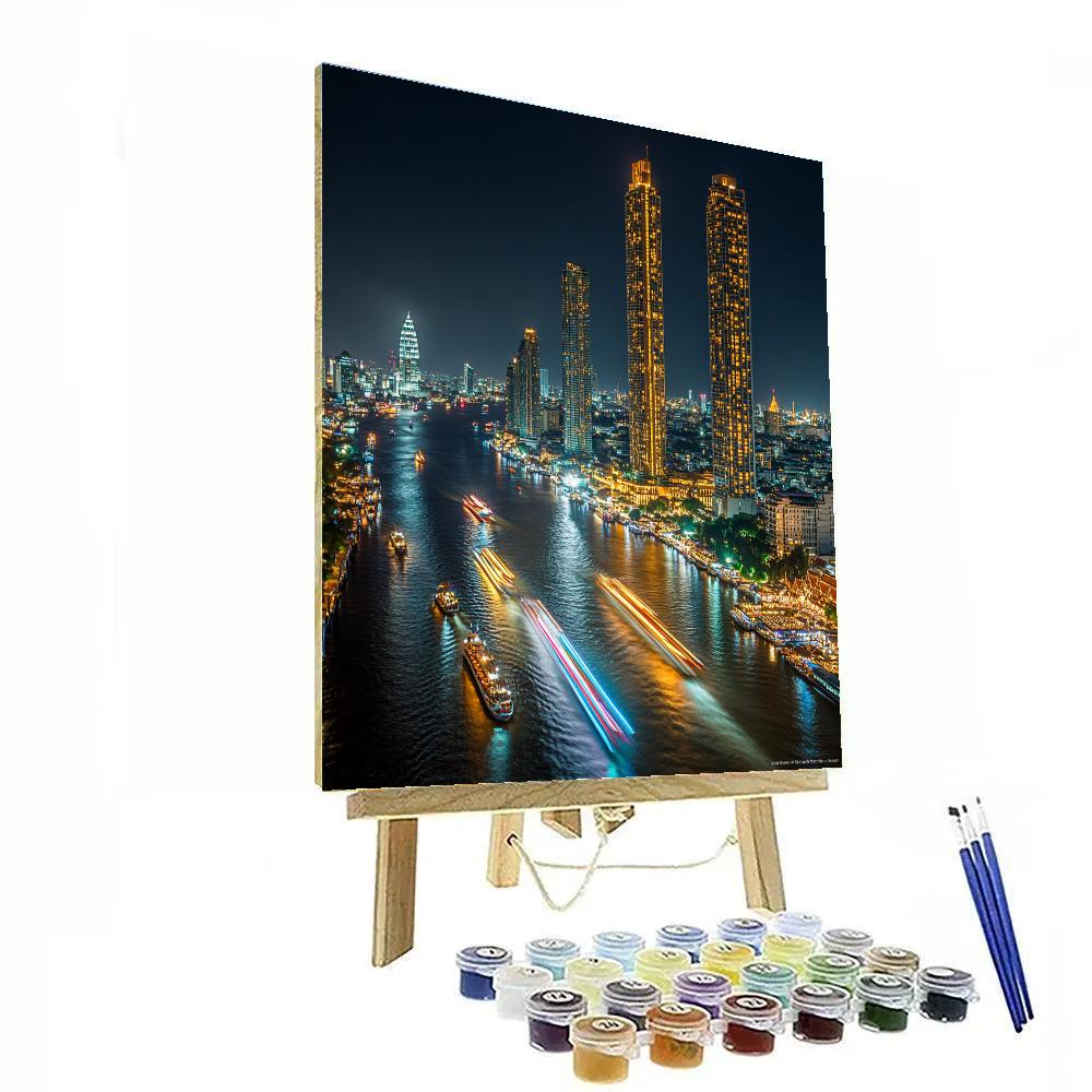 Night Skyline Over Chao Phraya River Bangkok Thailand paint by numbers