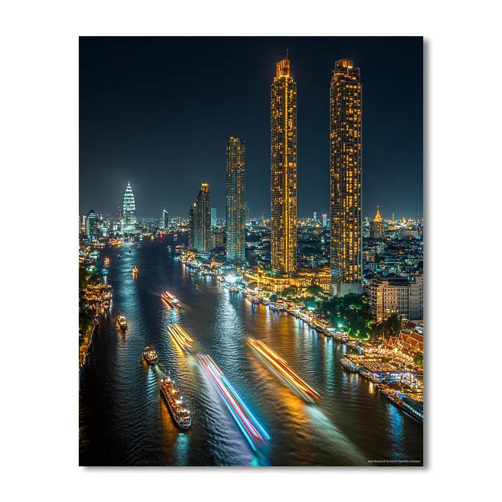 Night Skyline Over Chao Phraya River Bangkok Thailand paint by numbers