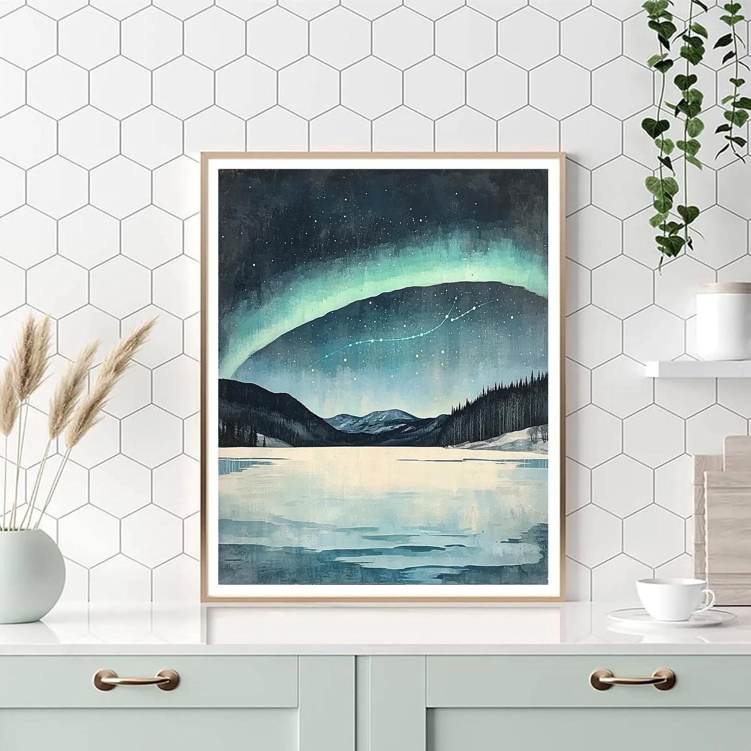 Leonardo Da Vinci Inspired Aurora Over Frozen Lake paint by number