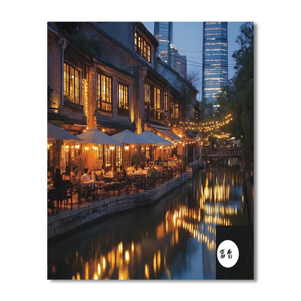 Canal At Night In Xintiandi Shanghai China paint by color
