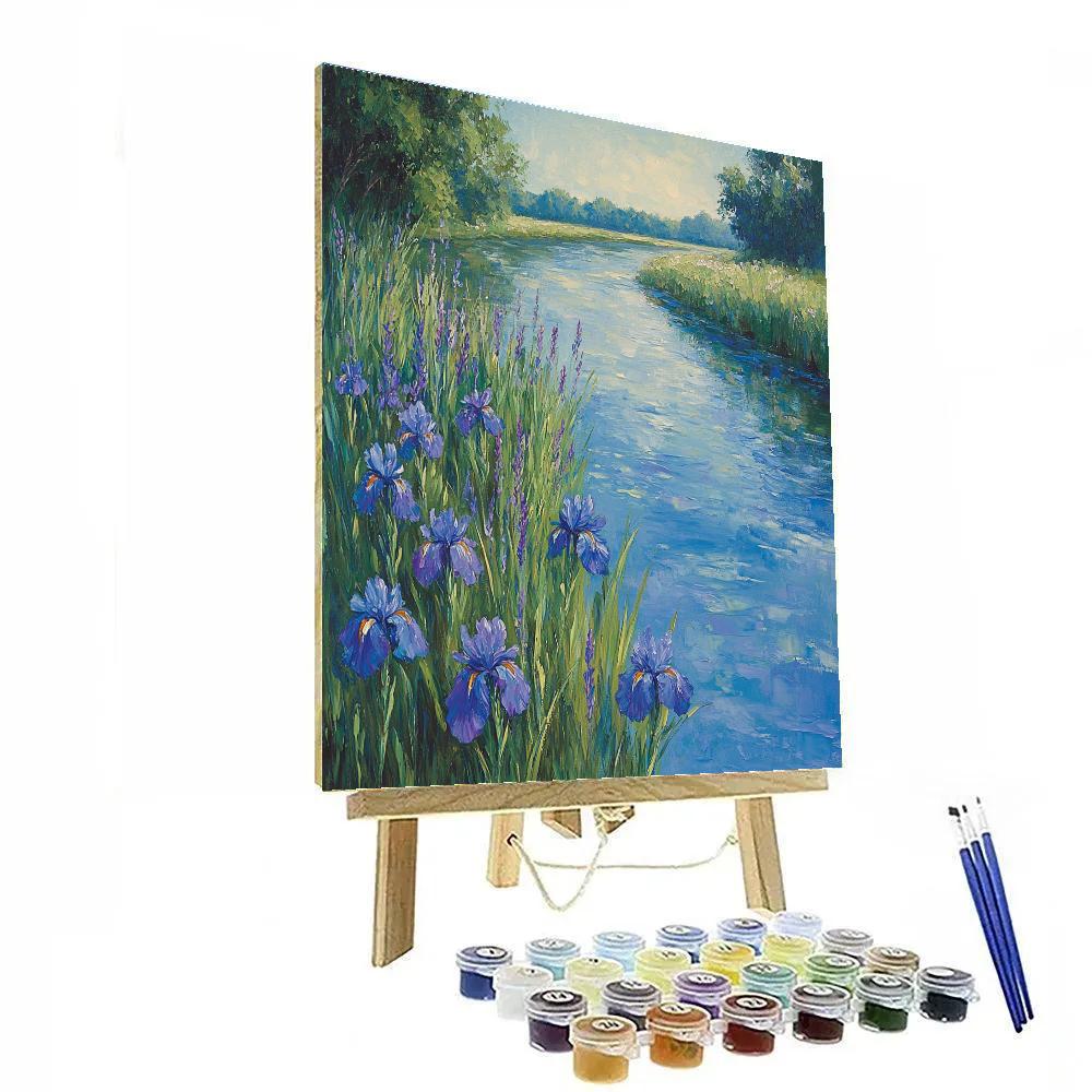 Claude Monet Inspired Riverbank With Wild Irises paint by color