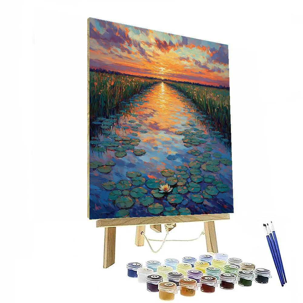 Claude Monet Inspired Sunset Over Lily Filled Canal paint by numbers