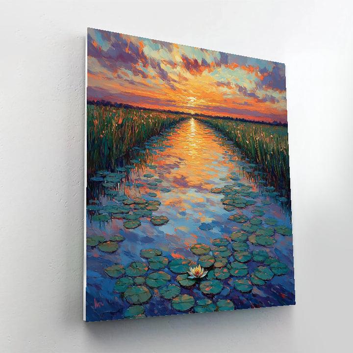 Claude Monet Inspired Sunset Over Lily Filled Canal paint by numbers
