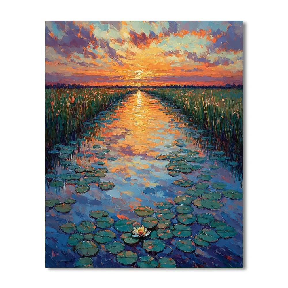 Claude Monet Inspired Sunset Over Lily Filled Canal paint by numbers