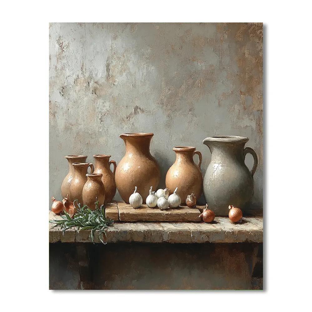 Diego Velazquez Inspired Silvery Kitchen Still Life With Earthenware And Onions DIY paint by numbers