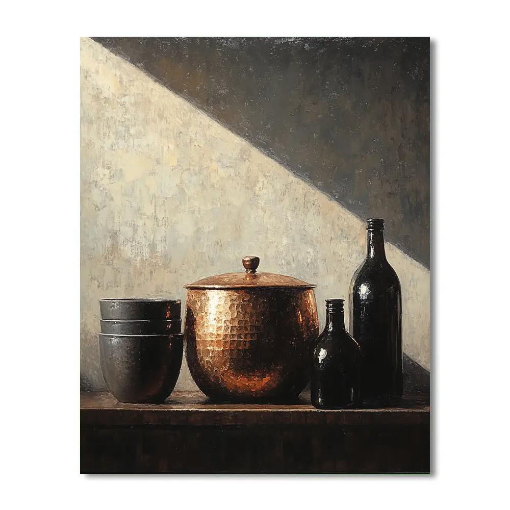 Diego Velazquez Inspired Copper Pot And Ceramic Jars In Smoky Shadow Number painting