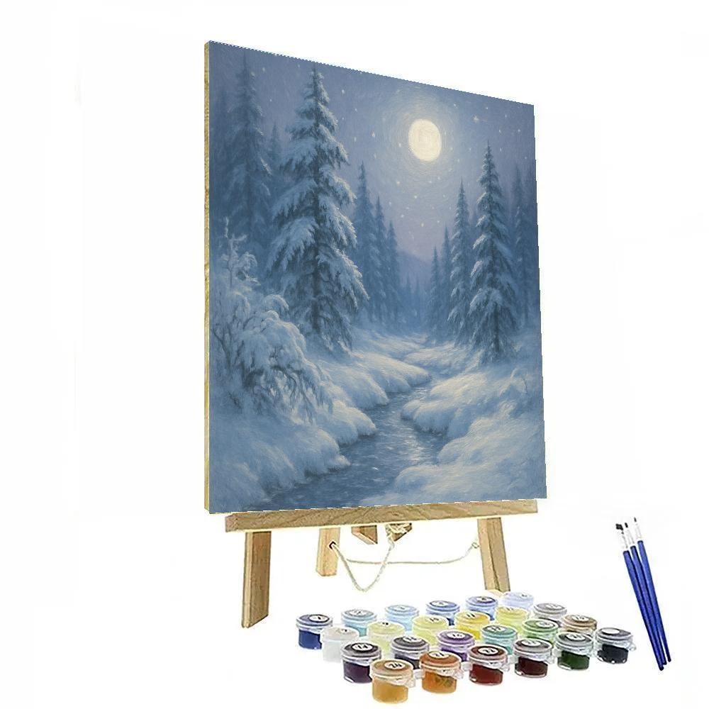 Moonlit Pines Over Snow Quiet Stream paint by color