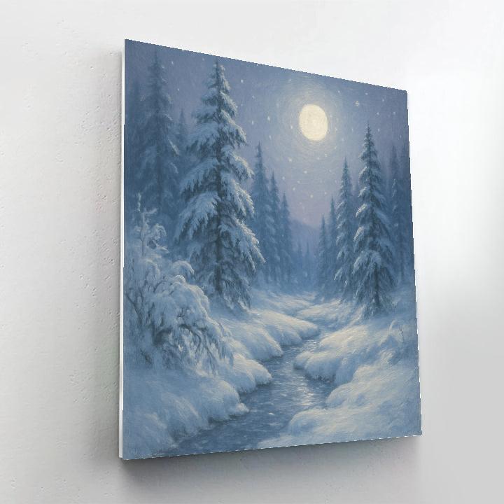Moonlit Pines Over Snow Quiet Stream paint by color