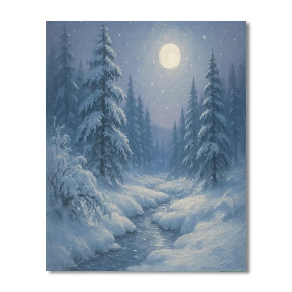 Moonlit Pines Over Snow Quiet Stream paint by color