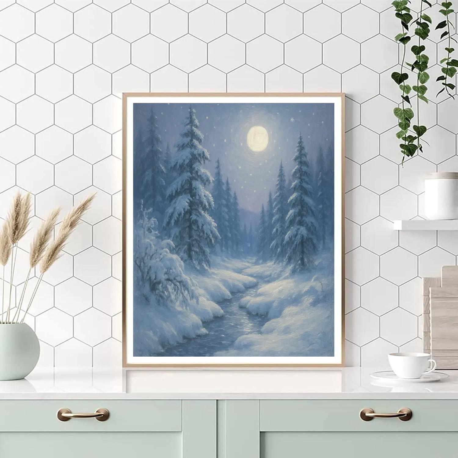 Moonlit Pines Over Snow Quiet Stream paint by color