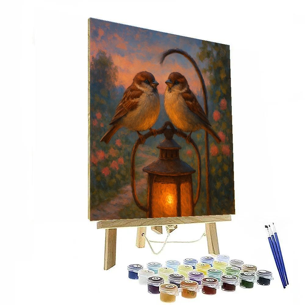 Garden Lantern Sparrows At Dusk Number painting