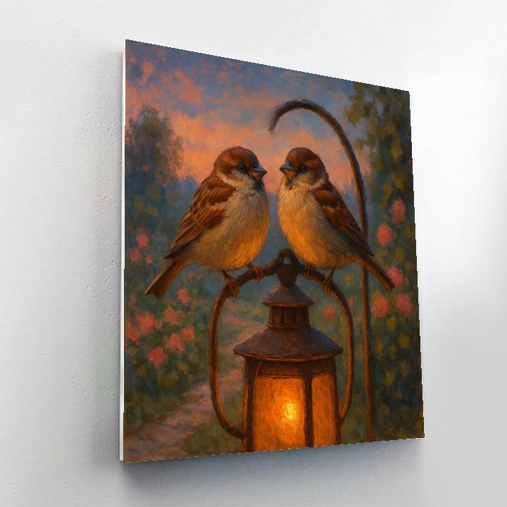 Garden Lantern Sparrows At Dusk Number painting