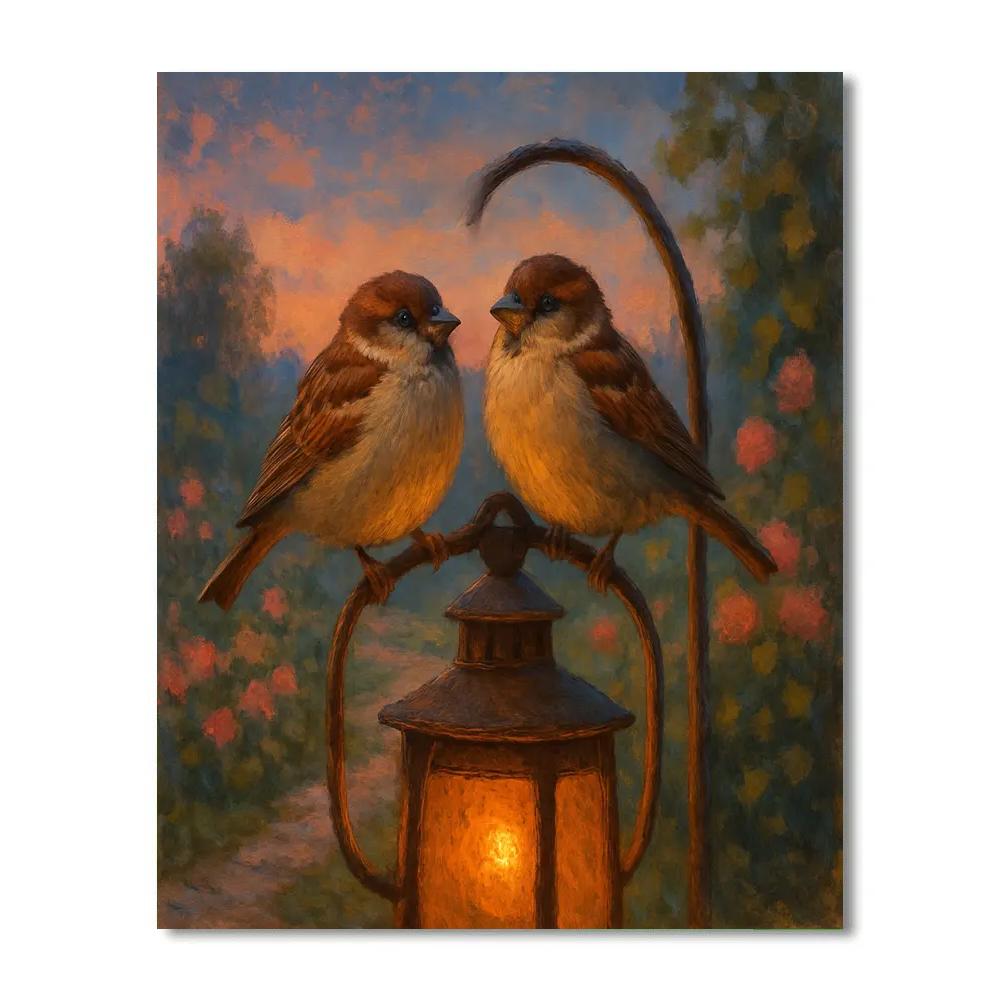 Garden Lantern Sparrows At Dusk Number painting