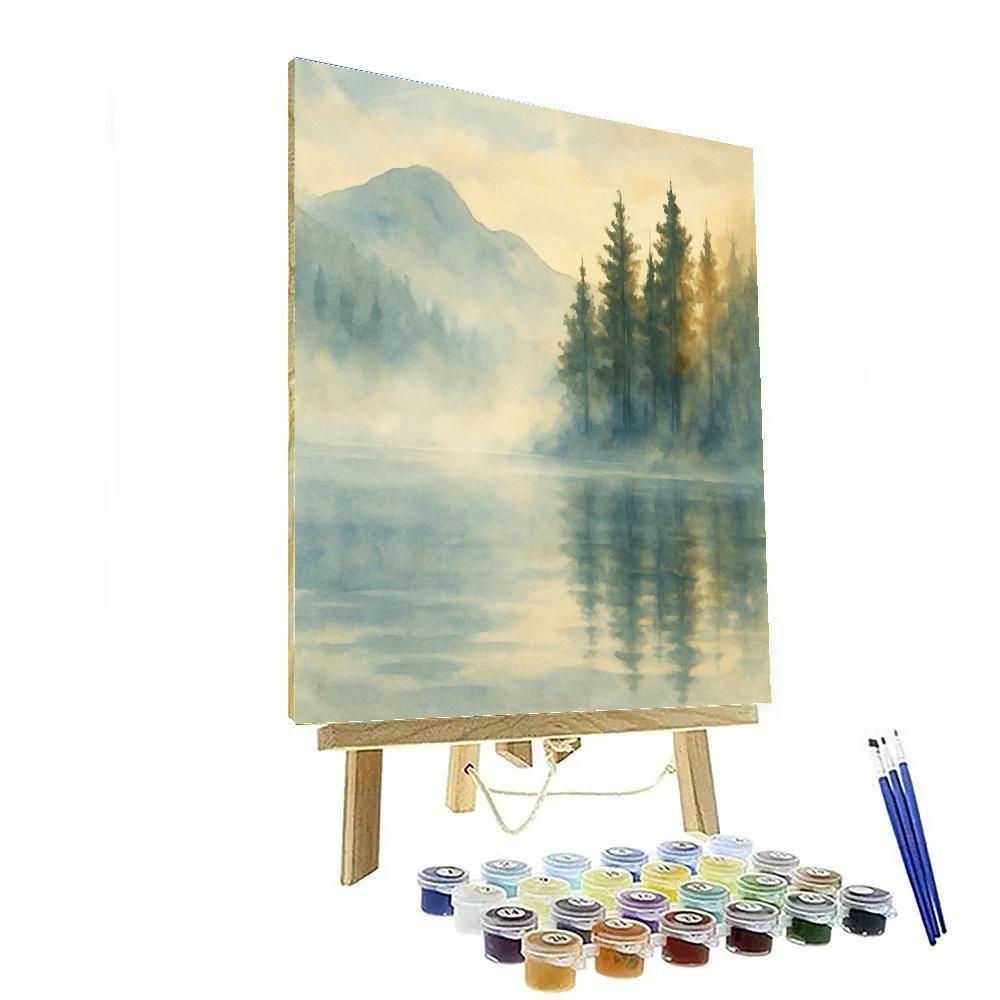Misty Pines Over Silver Dawn Lake Paint by numbers art