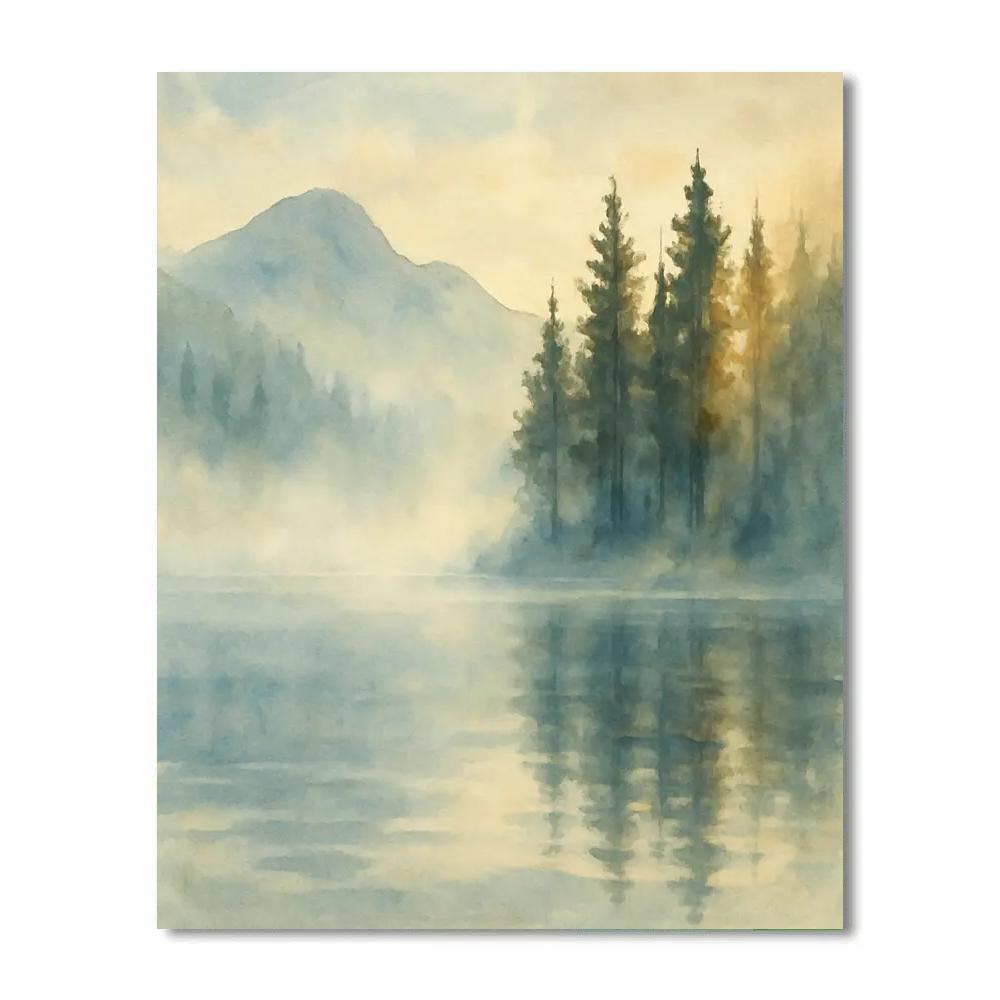 Misty Pines Over Silver Dawn Lake Paint by numbers art