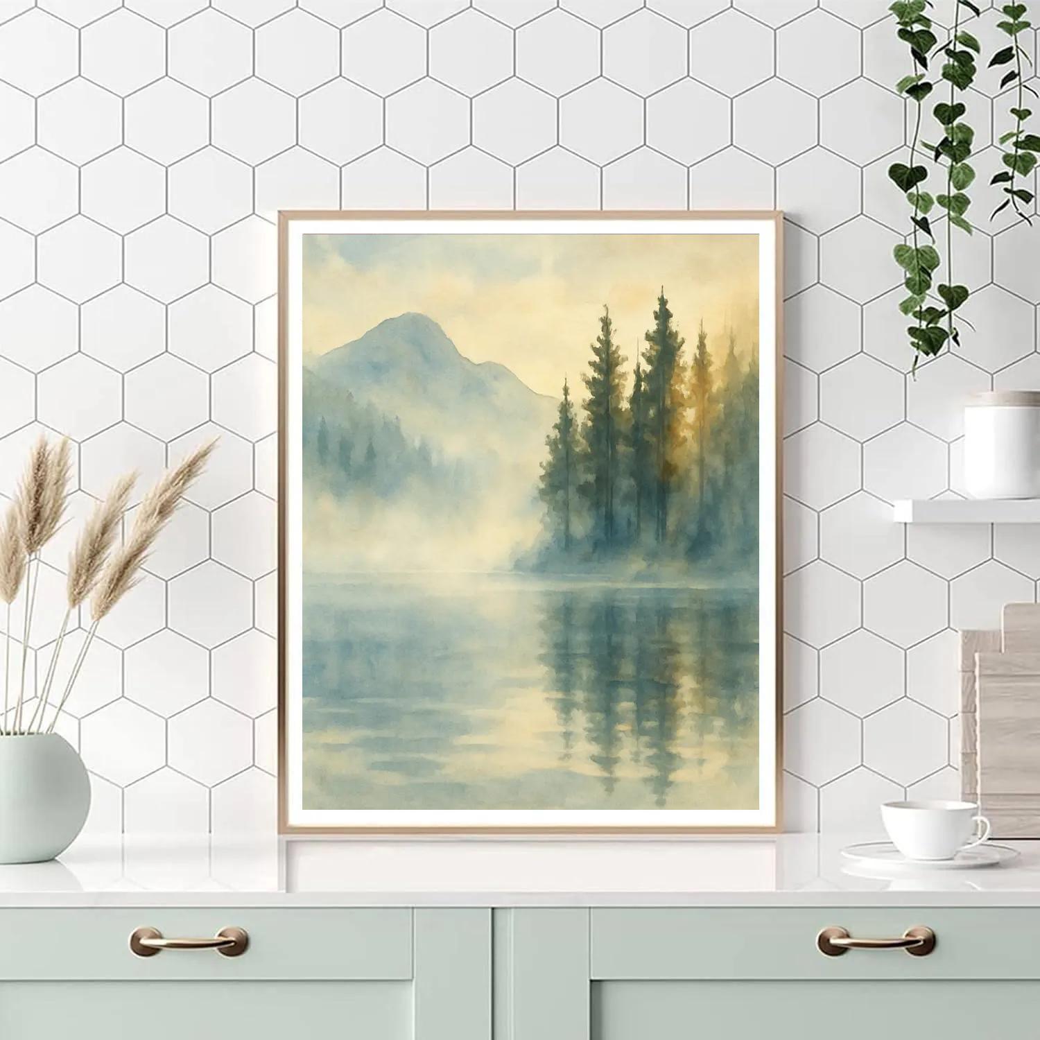 Misty Pines Over Silver Dawn Lake Paint by numbers art