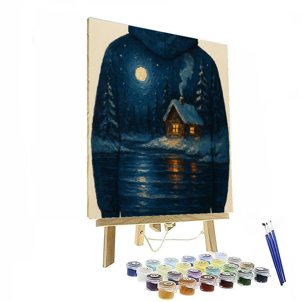 Cabin Glow By Winter Moonlit Lake Painting by numbers kit