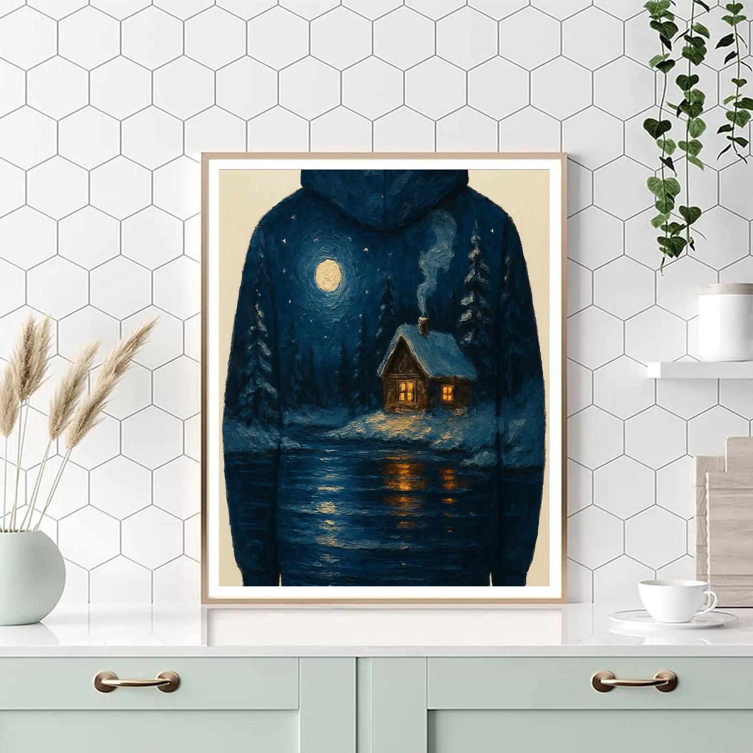 Cabin Glow By Winter Moonlit Lake Painting by numbers kit