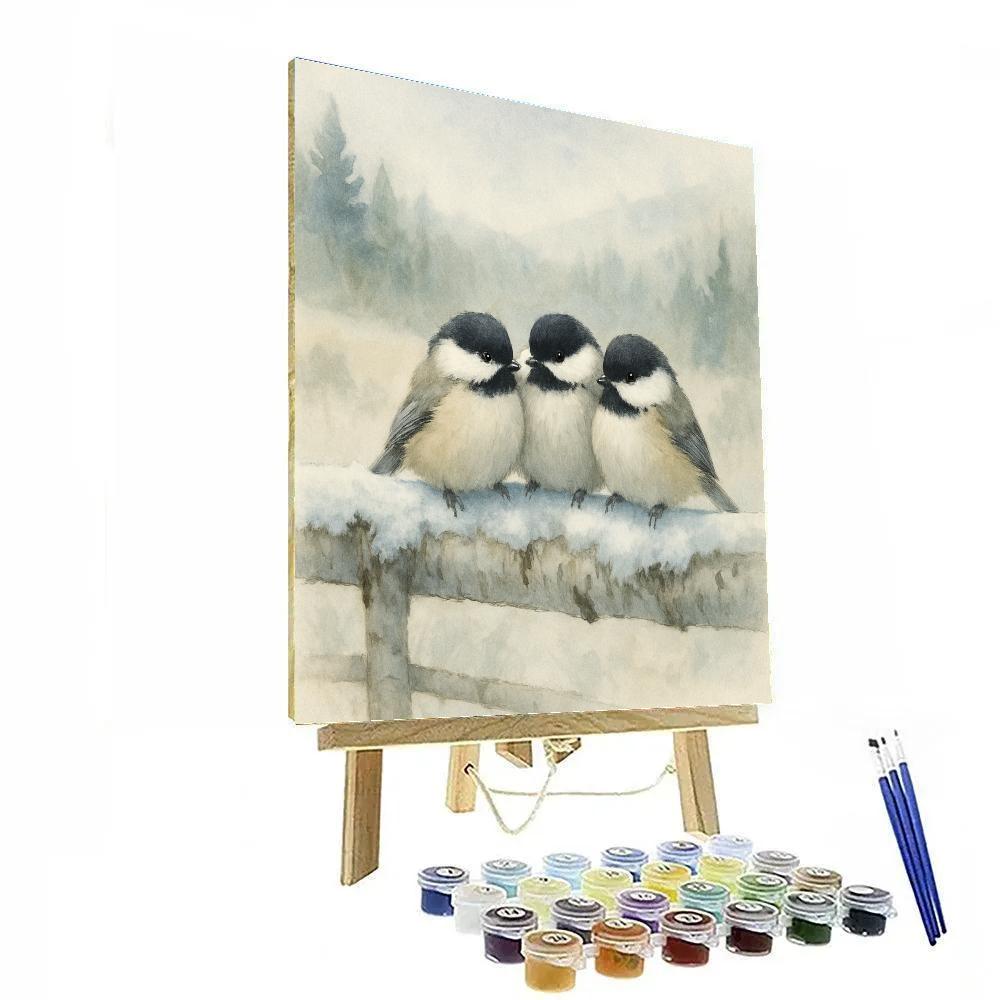 Snowlit Chickadees On Birch Fence DIY paint by numbers