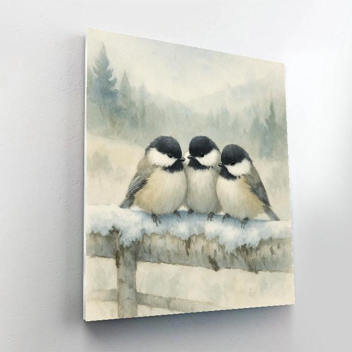 Snowlit Chickadees On Birch Fence DIY paint by numbers