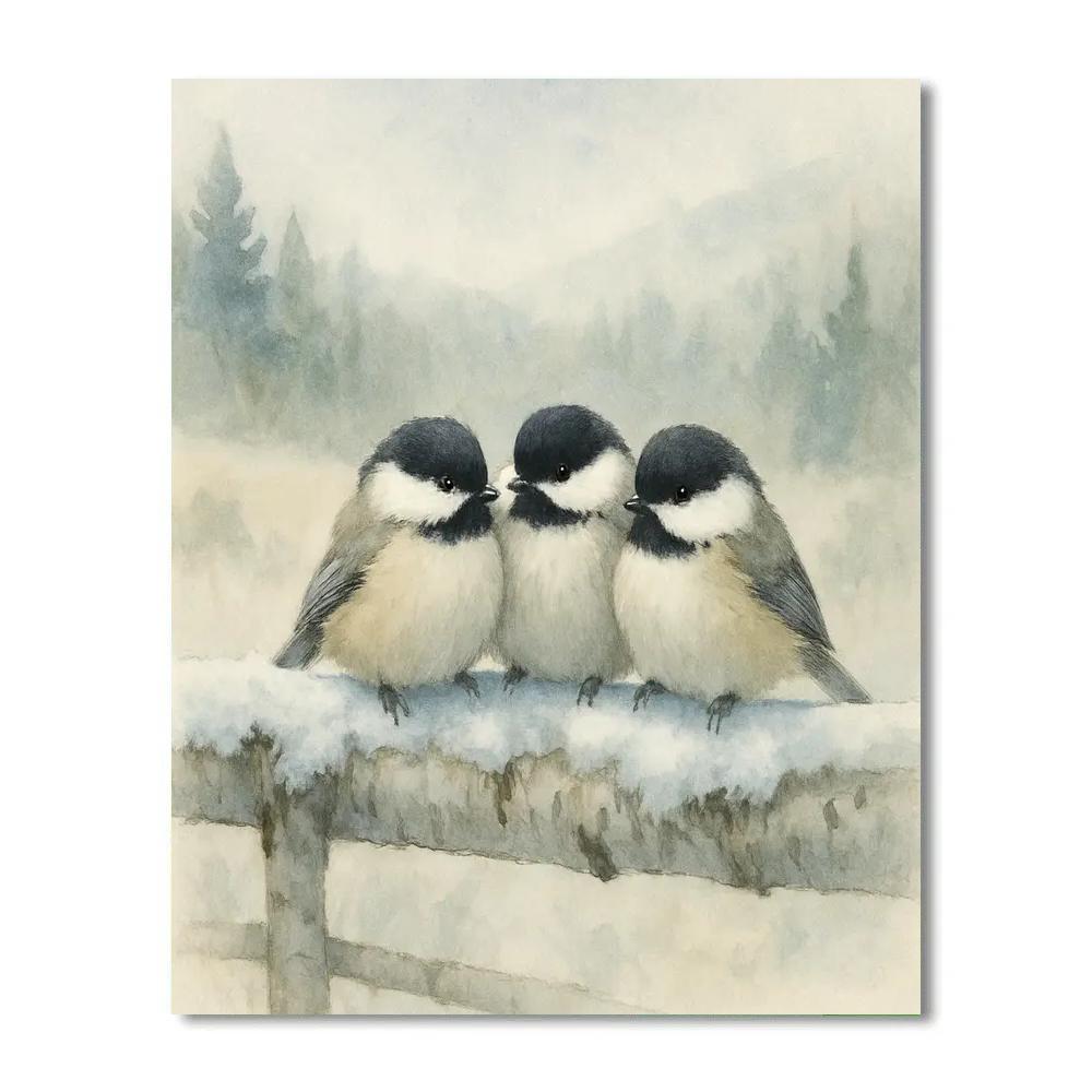 Snowlit Chickadees On Birch Fence DIY paint by numbers