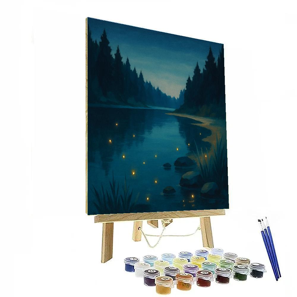 Firefly Evening Over Forest Mirror Lake paint by color