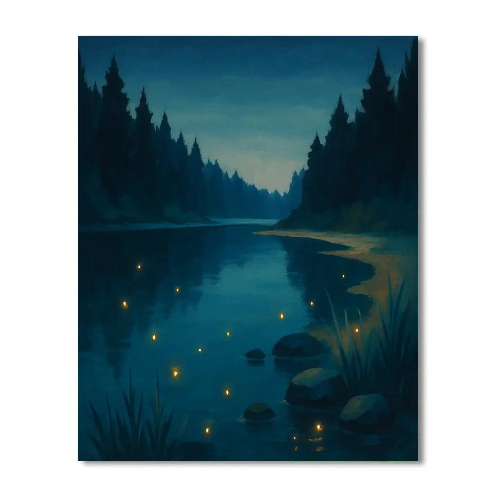 Firefly Evening Over Forest Mirror Lake paint by color