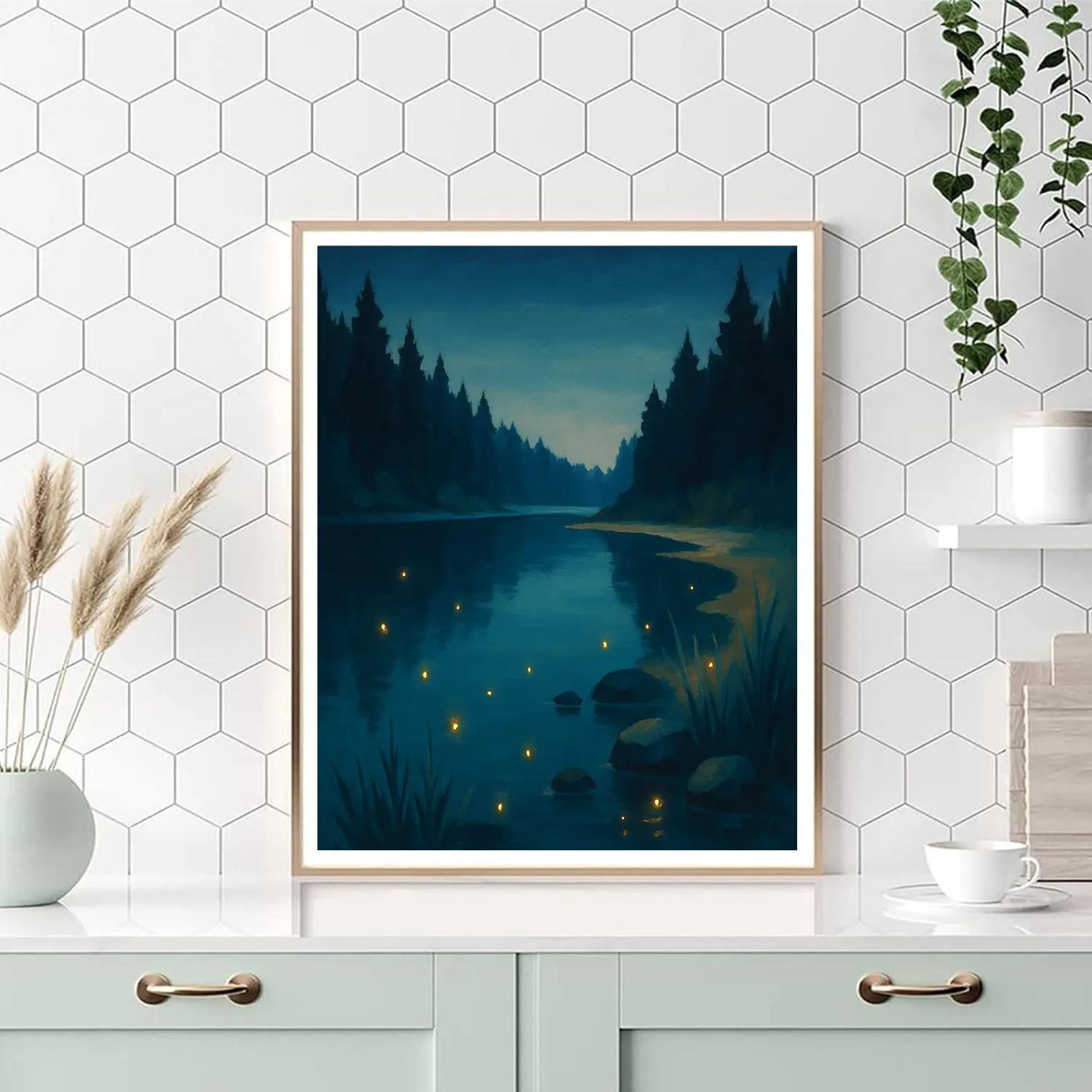 Firefly Evening Over Forest Mirror Lake paint by color