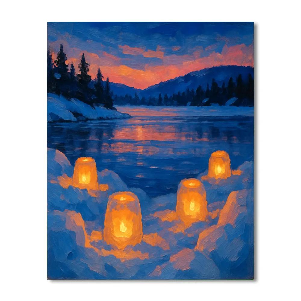 Snow Lanterns By The Frozen Lake Paint by numbers art