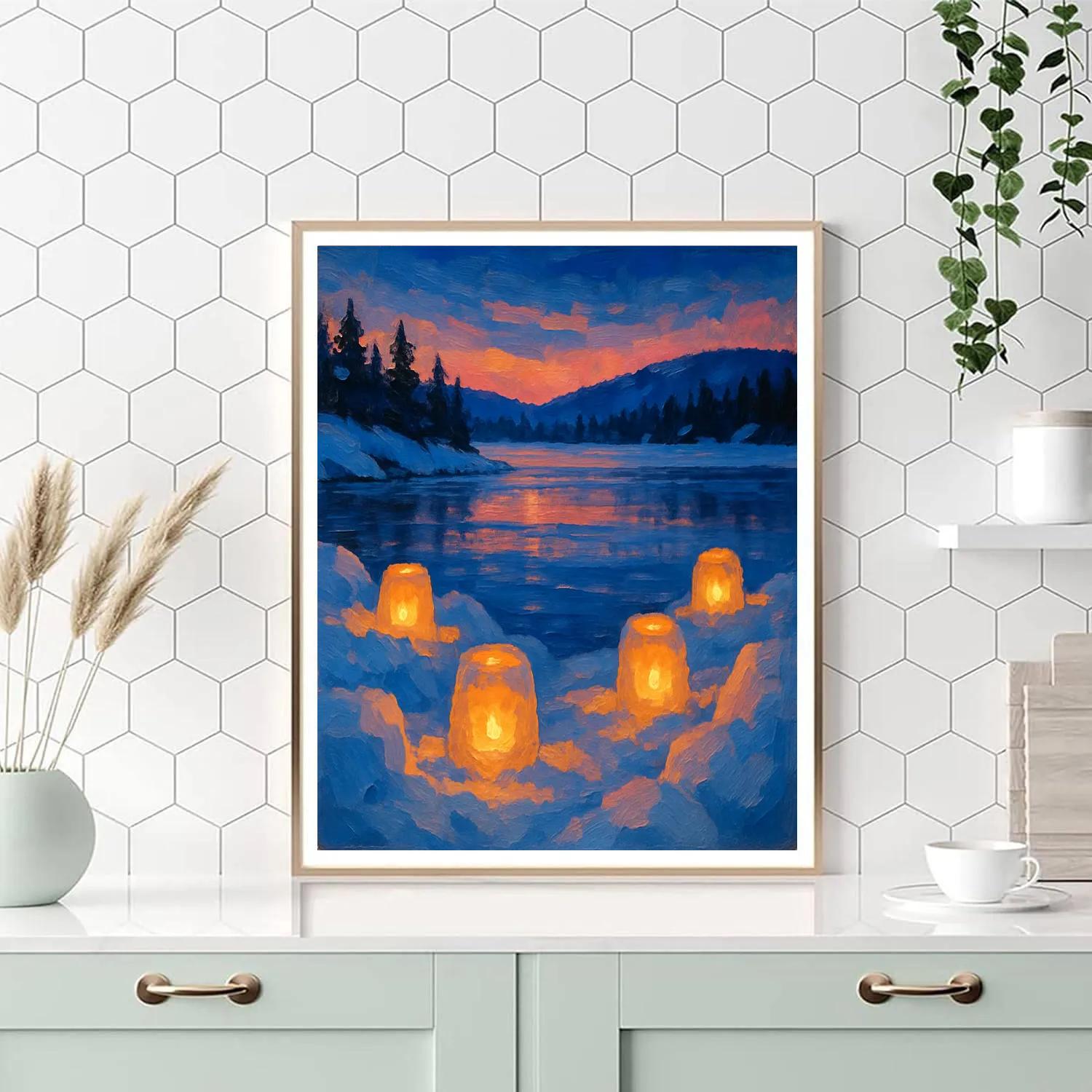 Snow Lanterns By The Frozen Lake Paint by numbers art