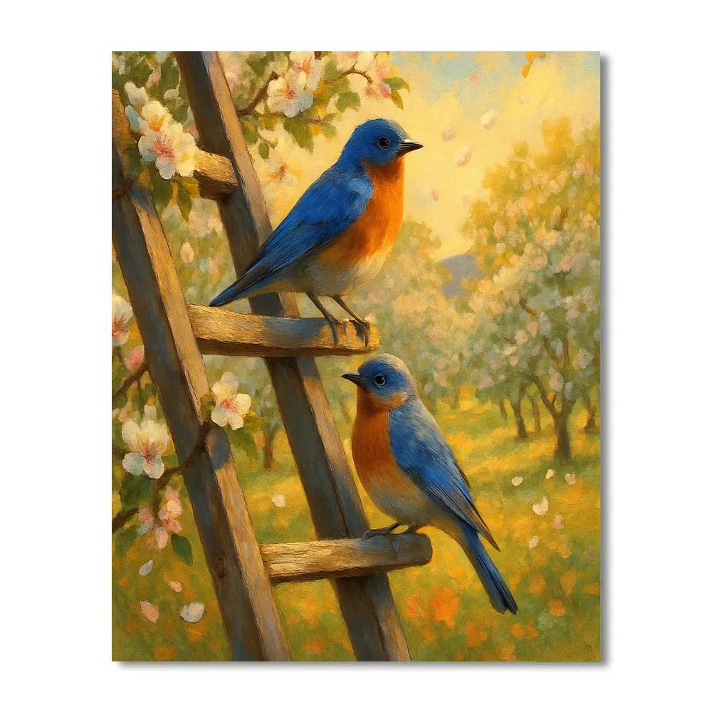 Spring Orchard Bluebirds On Ladder Number painting