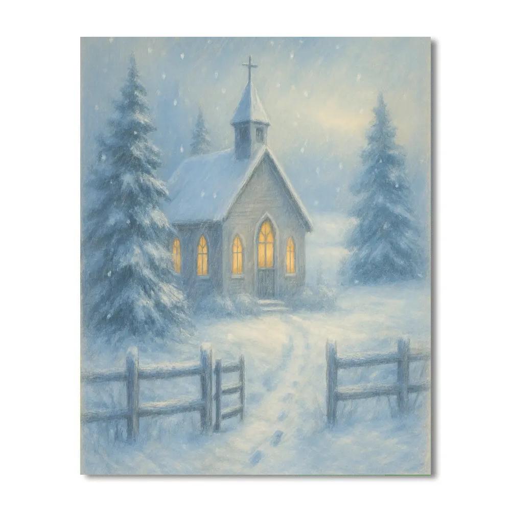 Country Church In Soft Snowfall Number painting