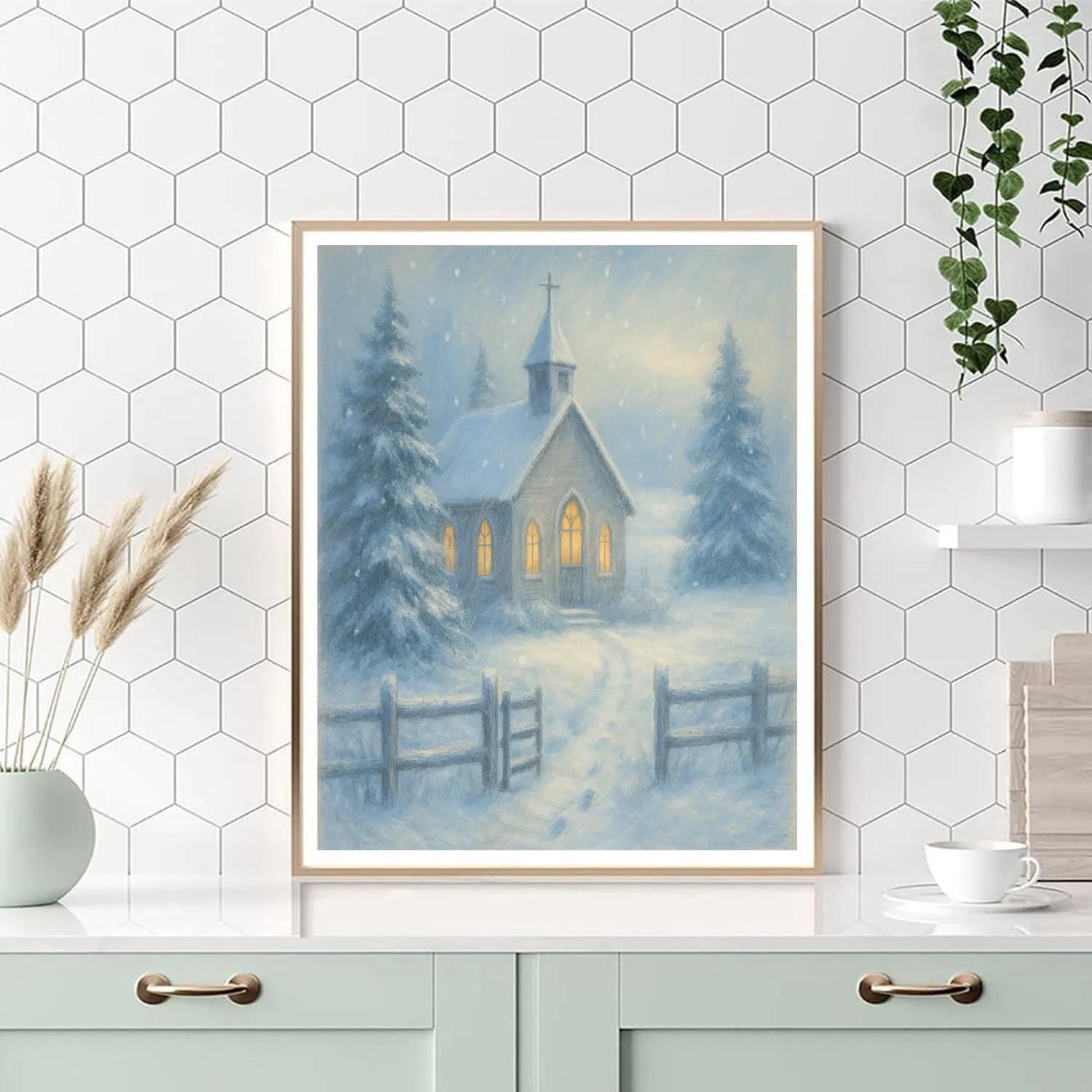 Country Church In Soft Snowfall Number painting