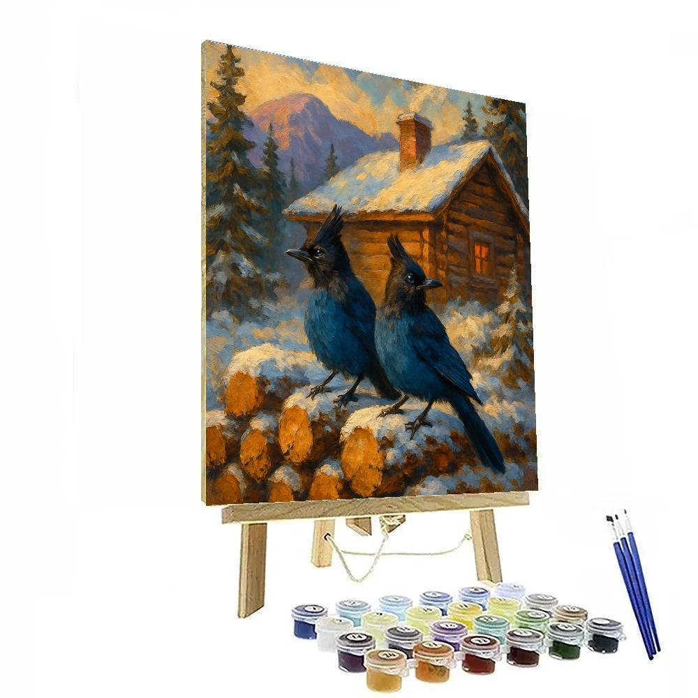 Mountain Cabin Jays At The Woodpile Painting by numbers kit