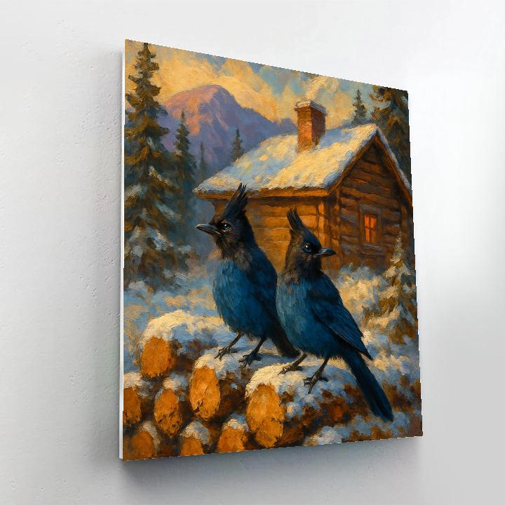 Mountain Cabin Jays At The Woodpile Painting by numbers kit