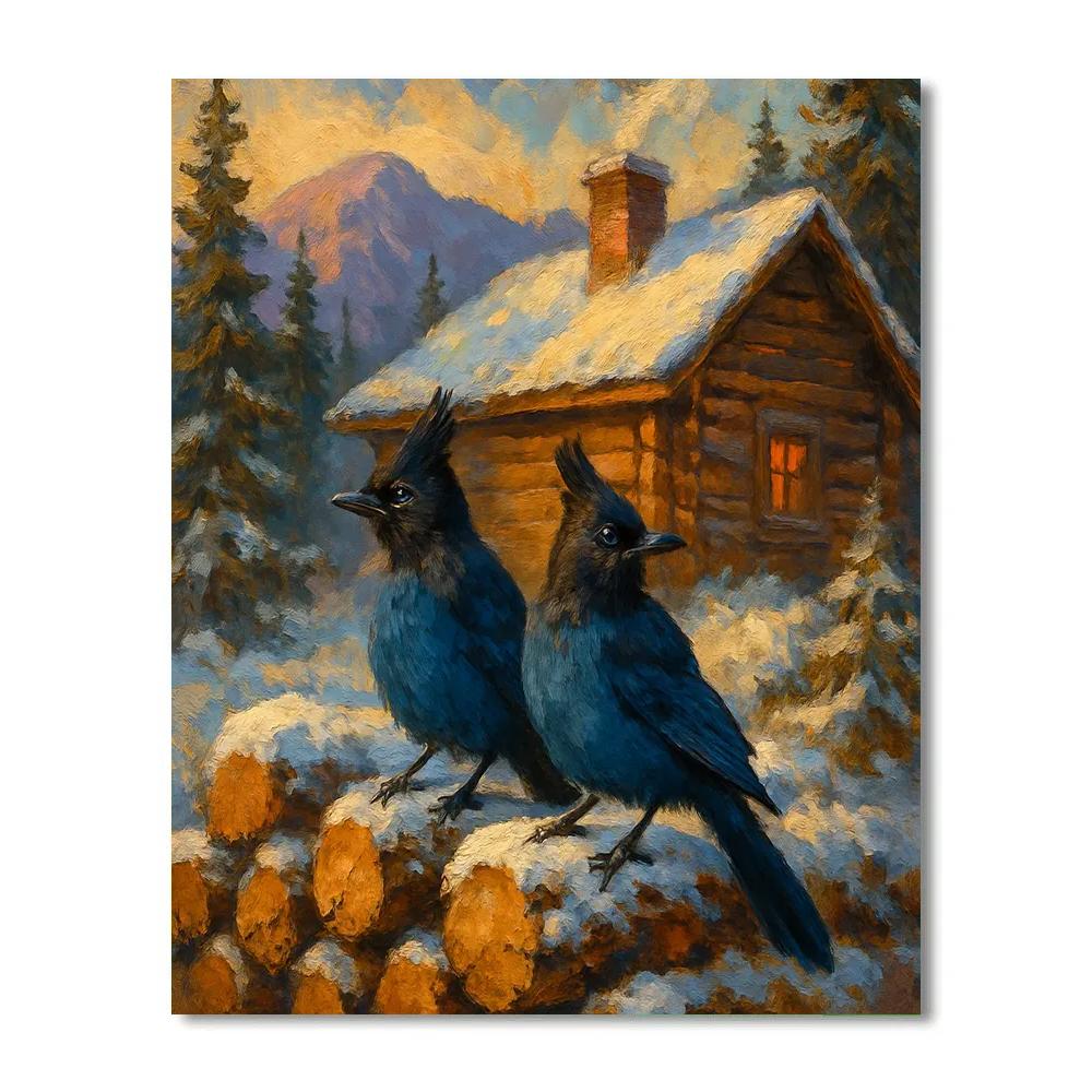 Mountain Cabin Jays At The Woodpile Painting by numbers kit
