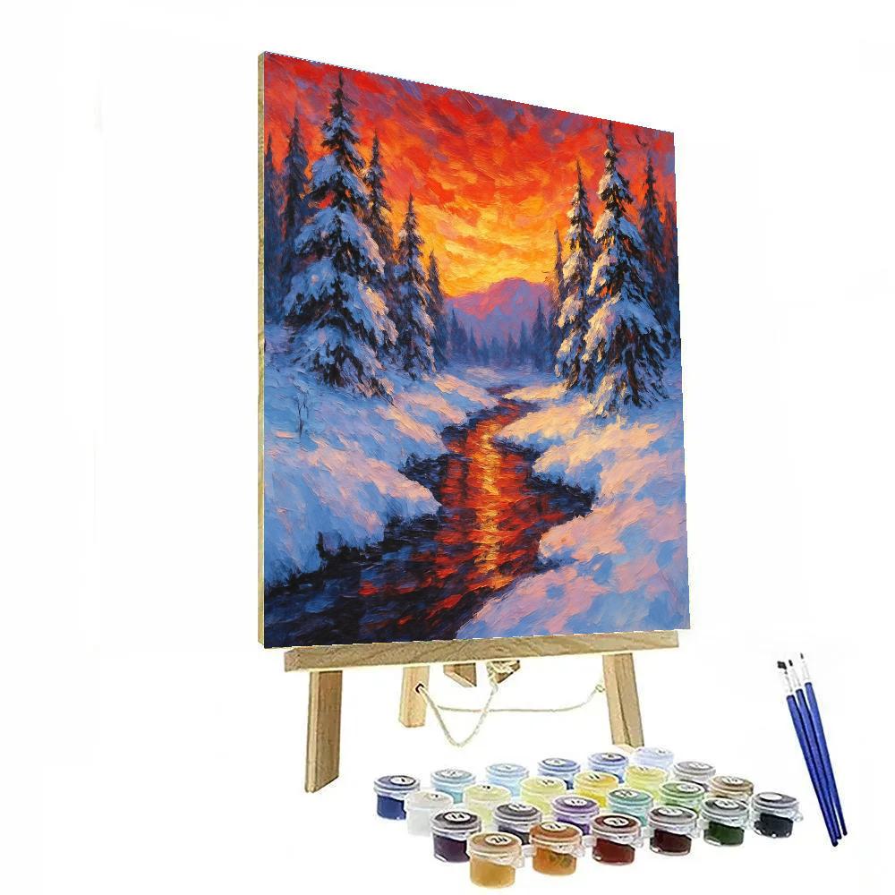 Winter Stream Under Crimson Sunset paint by numbers