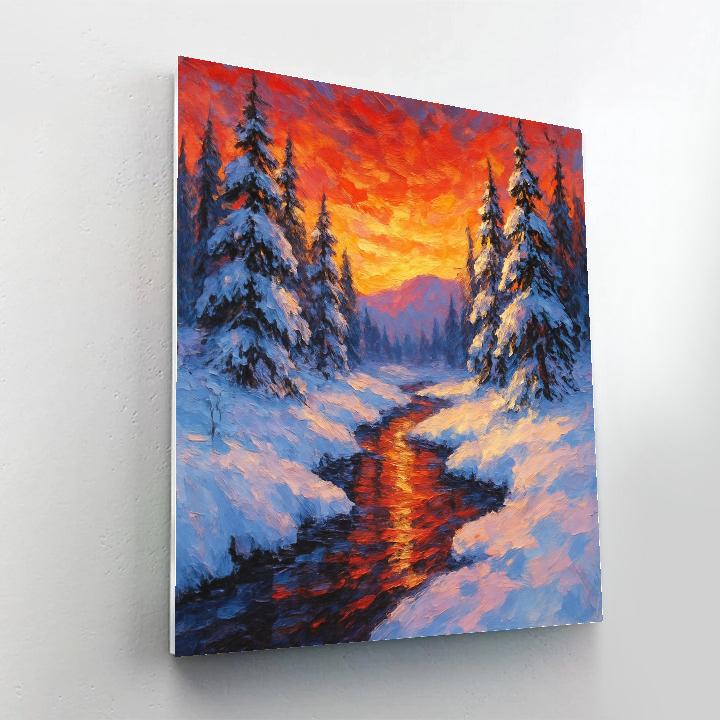 Winter Stream Under Crimson Sunset paint by numbers
