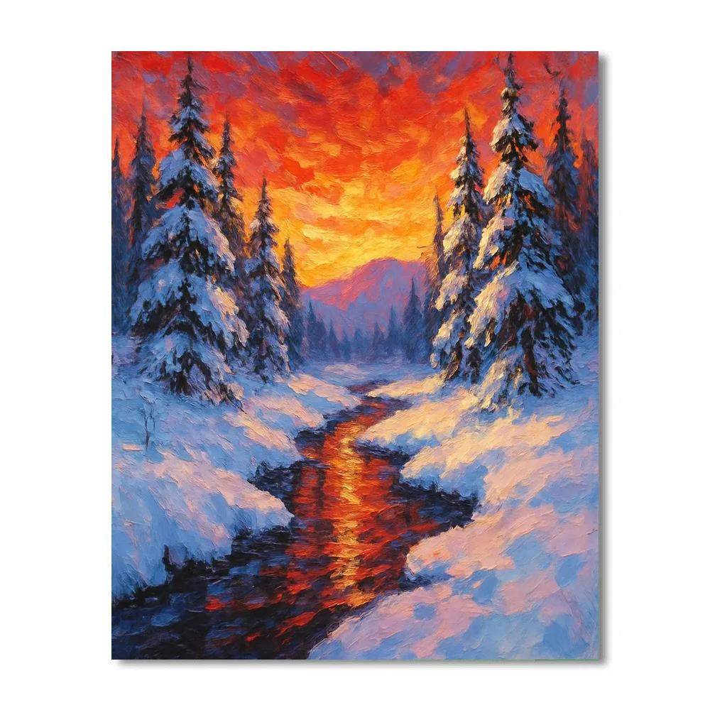 Winter Stream Under Crimson Sunset paint by numbers