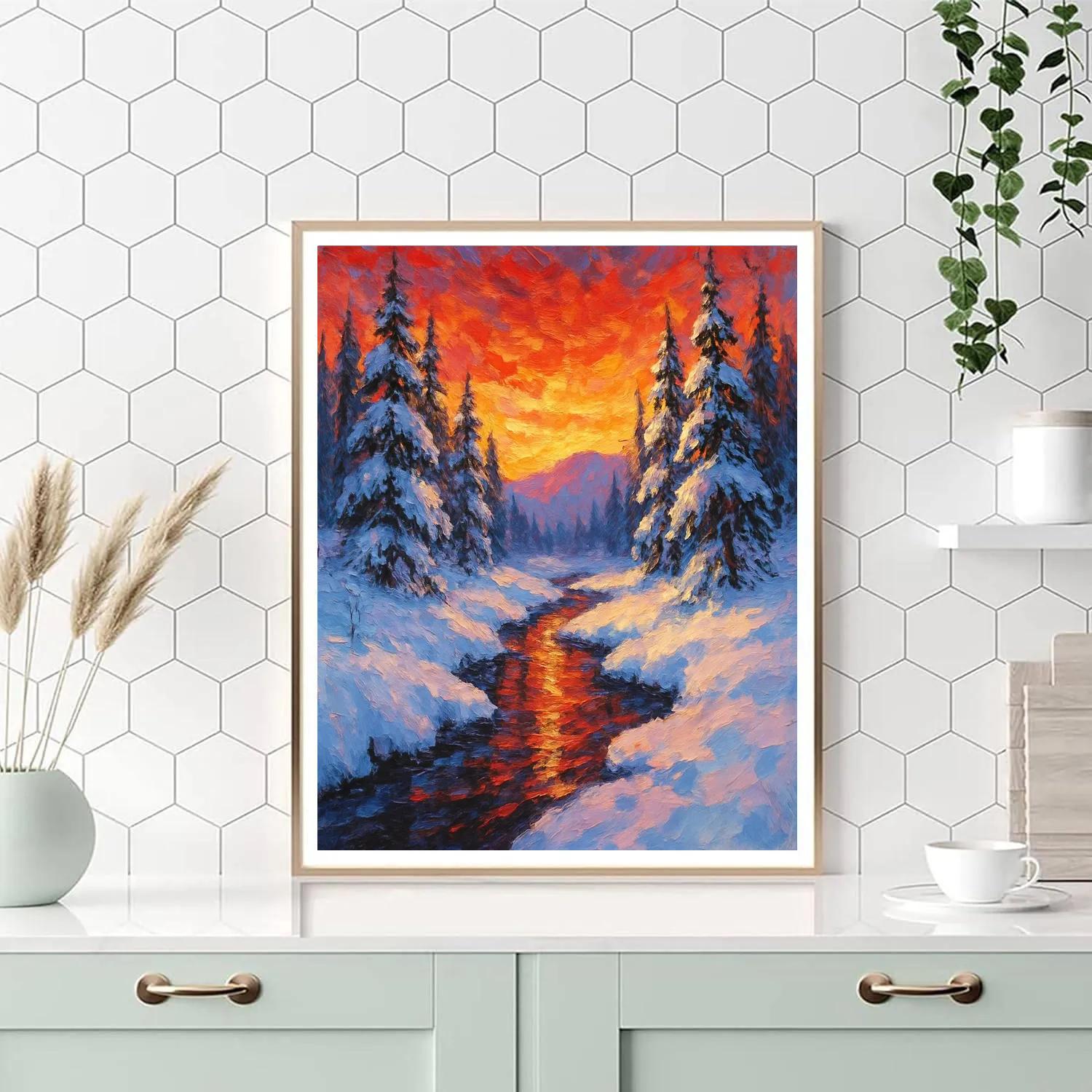 Winter Stream Under Crimson Sunset paint by numbers
