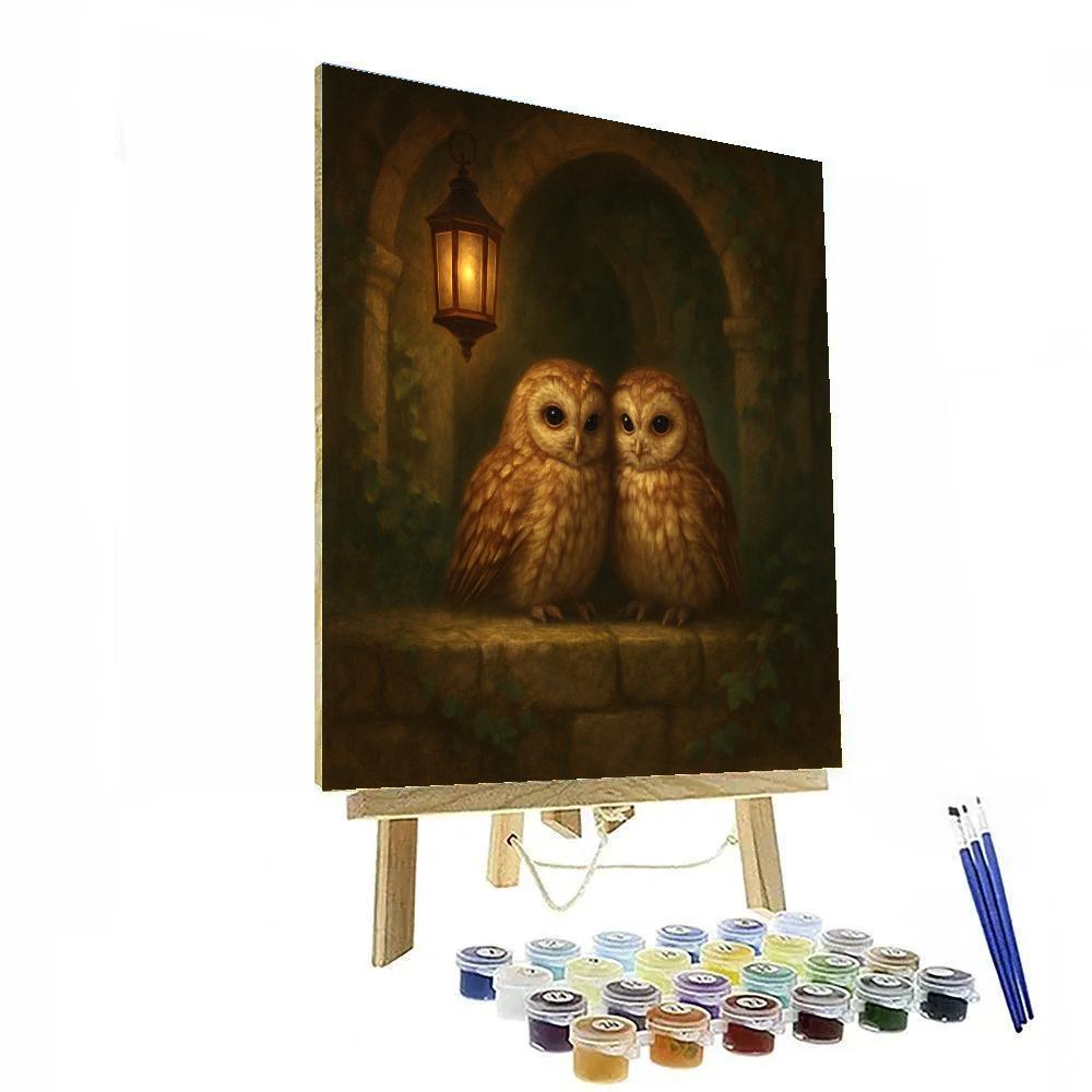 Lanternlit Owls In Mossy Courtyard paint by numbers