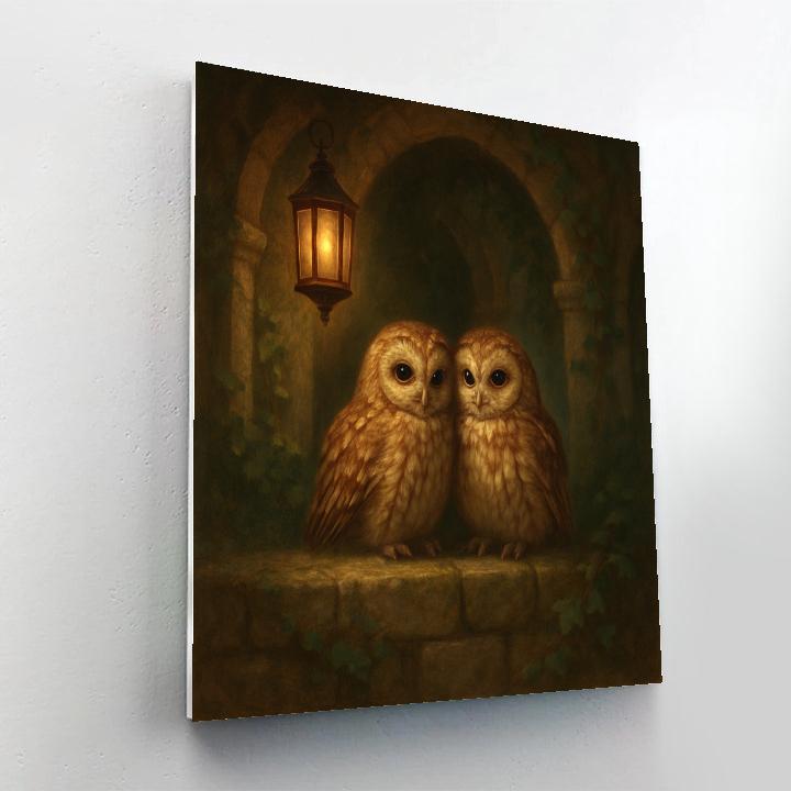 Lanternlit Owls In Mossy Courtyard paint by numbers