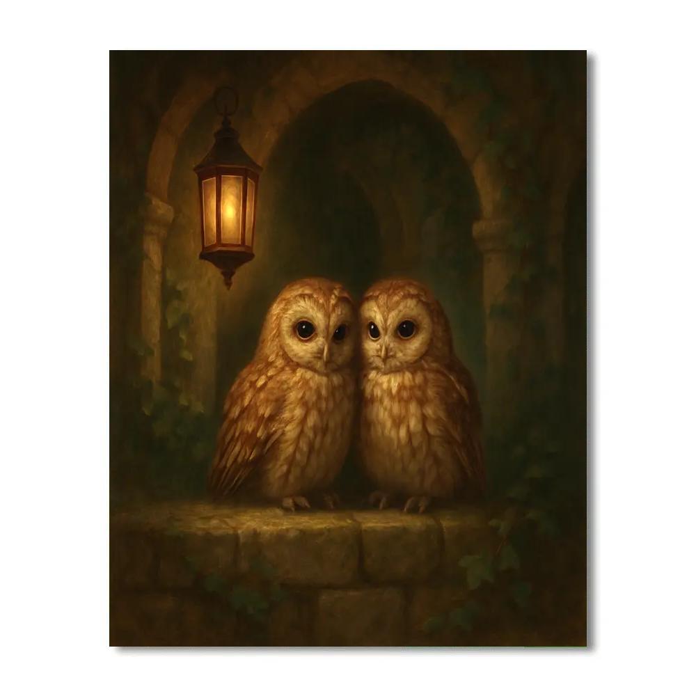 Lanternlit Owls In Mossy Courtyard paint by numbers