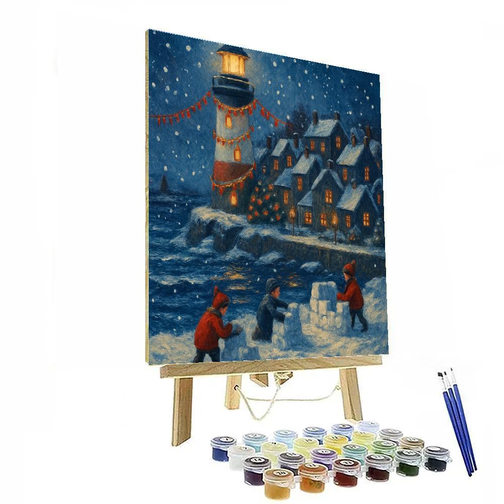 Snowbound Lantern Lighthouse Village Painting by numbers kit