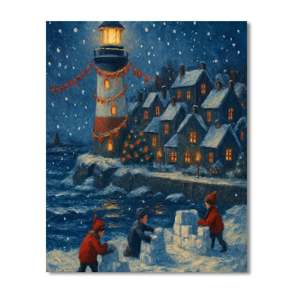 Snowbound Lantern Lighthouse Village Painting by numbers kit