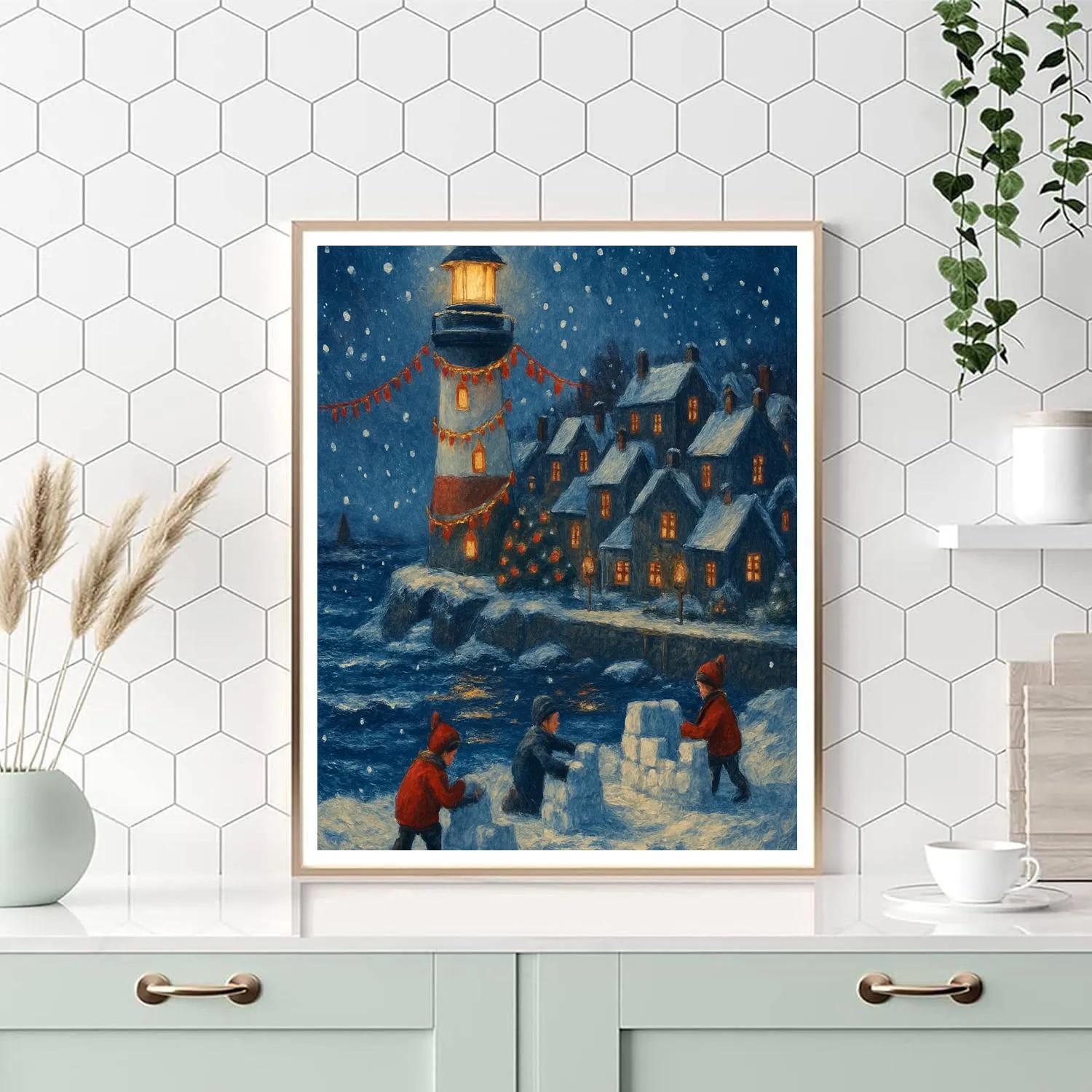 Snowbound Lantern Lighthouse Village Painting by numbers kit