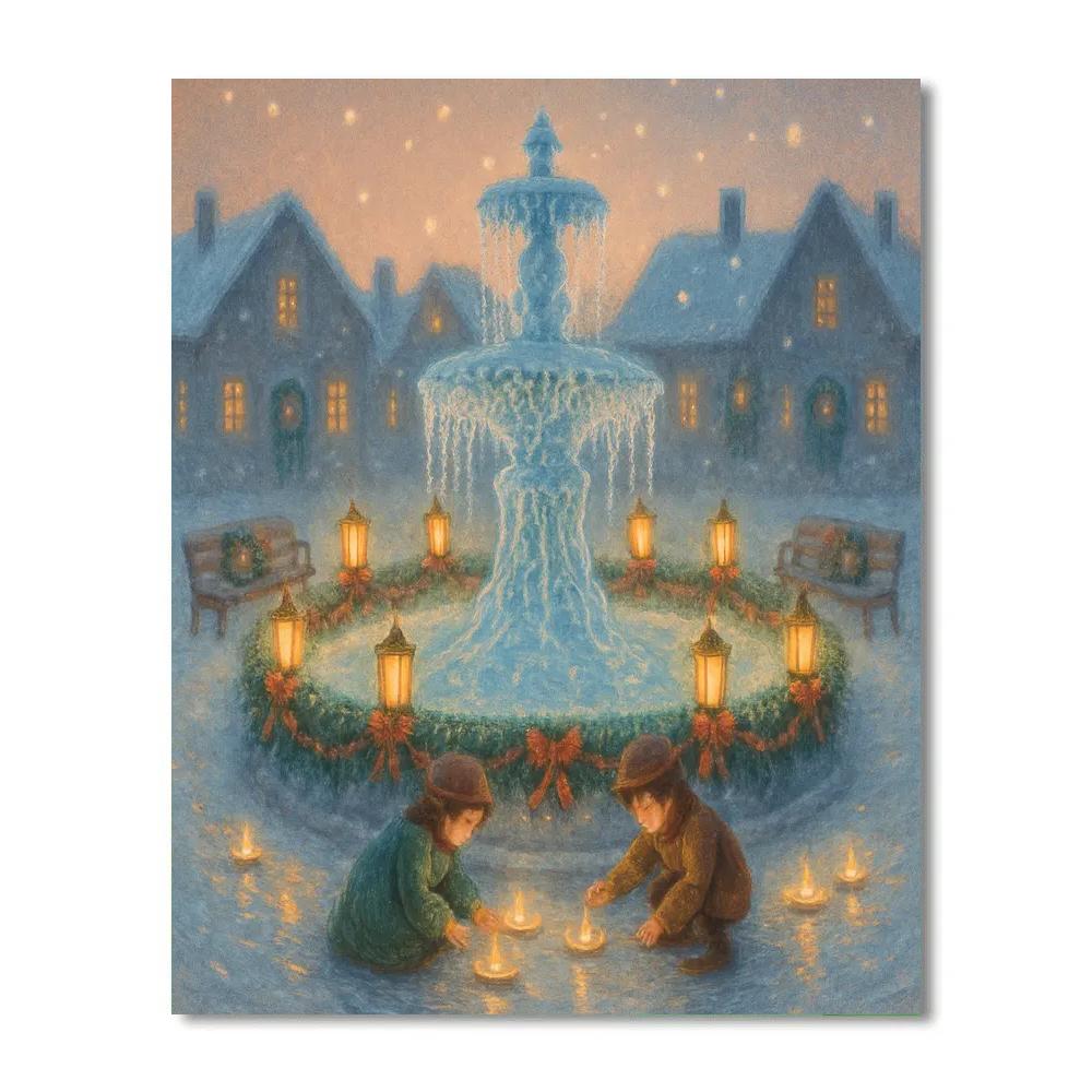 Lantern-Ringed Winter Fountain Number painting