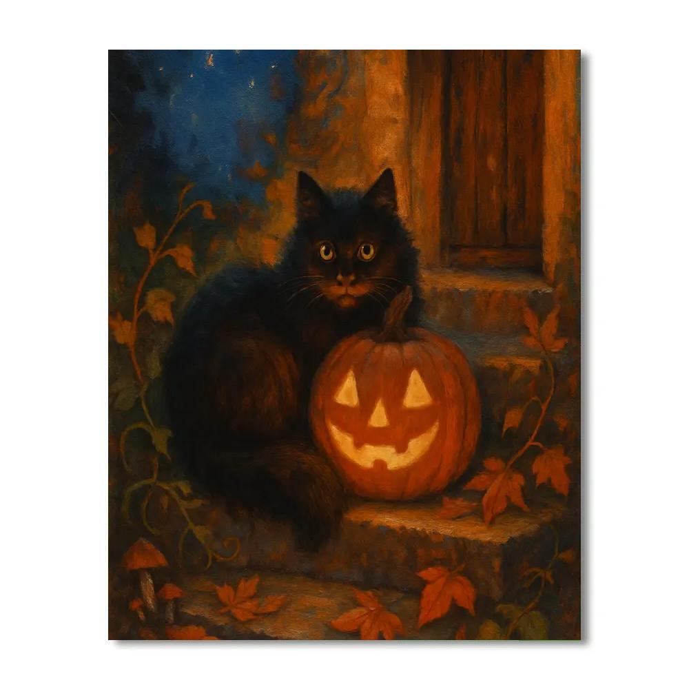 Lantern Keeper Cat On Autumn Steps paint by color