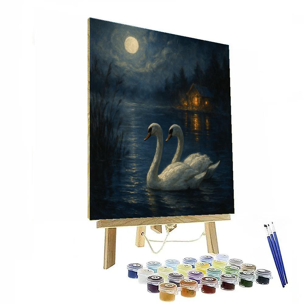 Moonlit Swans On Lantern Lake Painting by numbers kit
